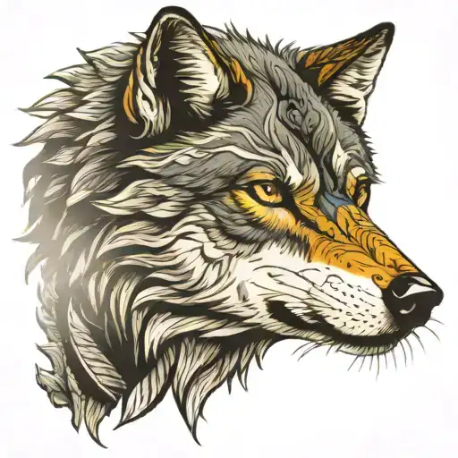 A Traditional Style Wolf With Sun Rays Emanating From Its Eyes