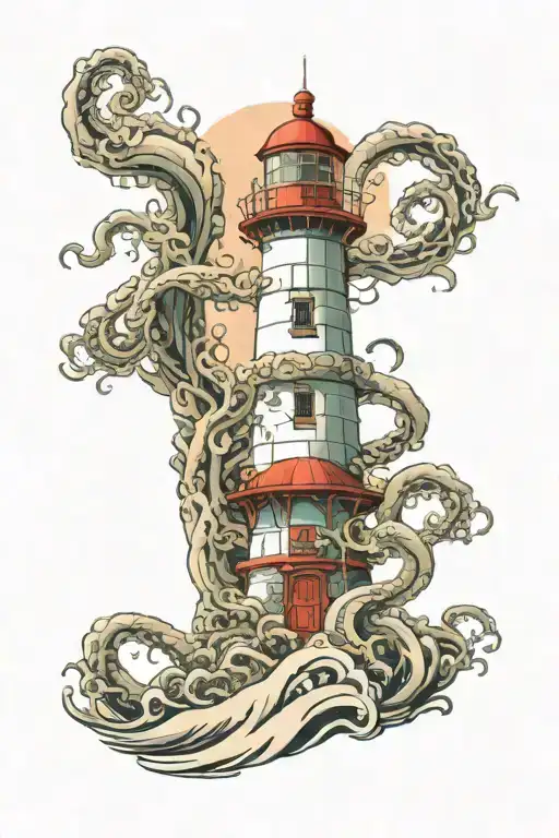 Crakin Tentacles Wraping Around Lighthouse In Japanese Style