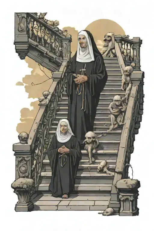 Zombified Nun Watching Over A Family Of 4 Walk Up A Stair Way To Heaven