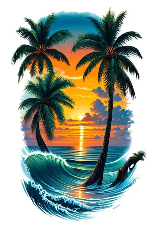Beach Waves Palm Trees Sunset