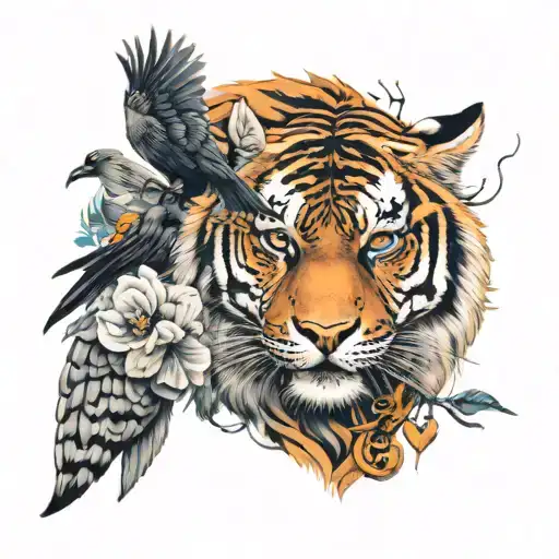 Strong Majestic Tiger With A Dove And A Crow