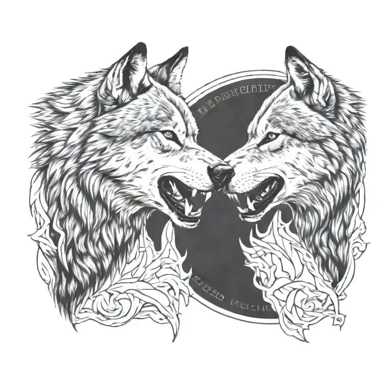 Side Profile Of Two Wolves Snarling At Eachother Face To Face