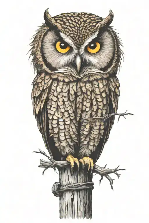 Banr Owl Perched On A Old Barbed Wire Fence Post