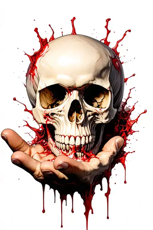Skull Looking Out Of Hand With With Ripped Flesh Surrounding It