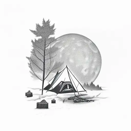 A Camping Scene With A Deer Silhouette In Front Of A Full Moon