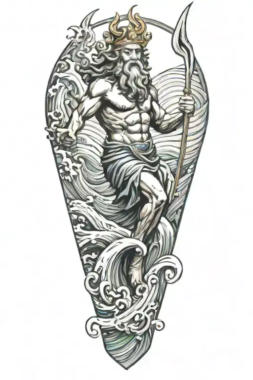 Poseidon Holding A Trident Riding Wave Crashing