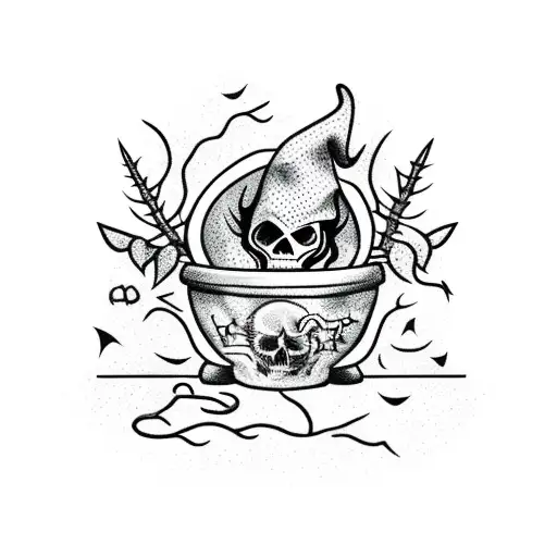 A Witch Stirring A Cauldron Surrounded By Thorns And Skulls