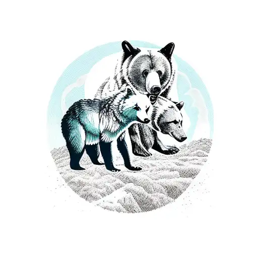 Bear And A Wolf With Their Natural Landscape