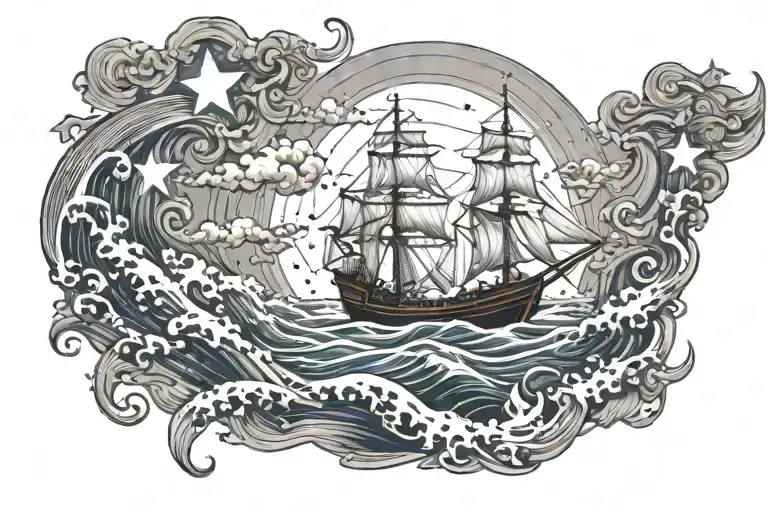 Burning Ship And A Bright Star In The Waves