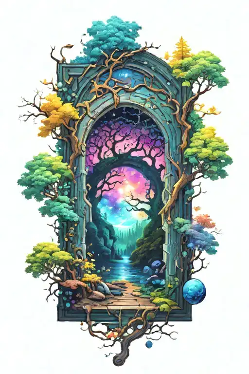 A Door In A Forest That Leads To A Portal To A Galaxy In Space Colorful And Psychedelic