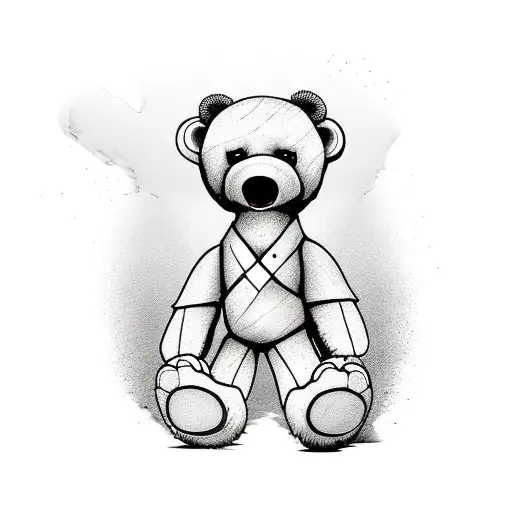 Old Weathered Skinny Teddy Bear With A Large Broadsword On His Shoulder Walking Into The Sunset