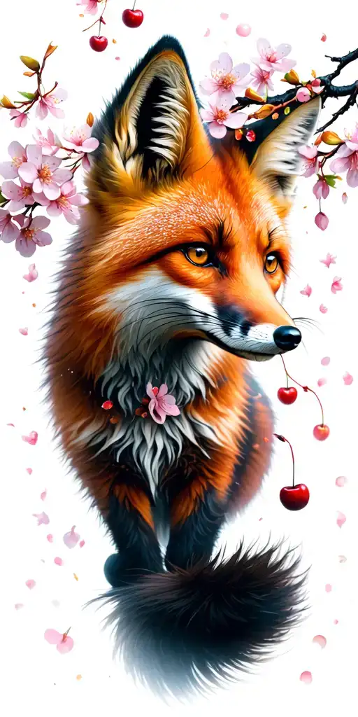 Red Fox With Cherry Blossom Falling Throug Space