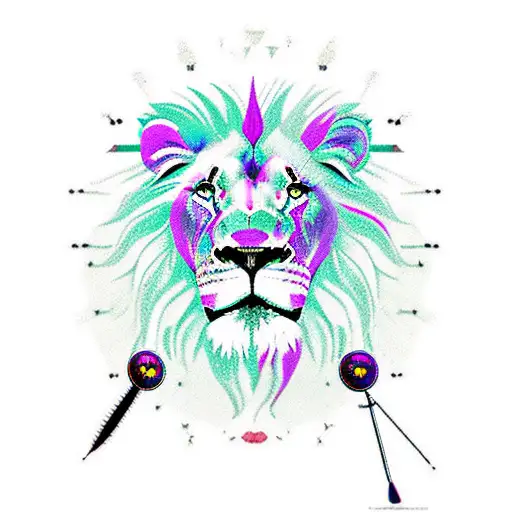 Right Side Of Lion Face With A Spear In The Middle And Planets On The Left Side