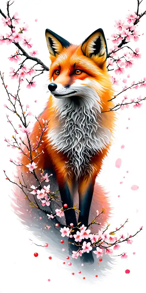 Red Fox With Cherry Blossoms Falling