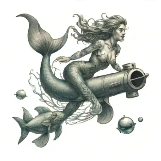 Mermaid Swimming From Underwater Up To A Submarine