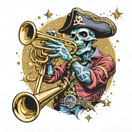 A Jazz-themed Tattoo Featuring A Pirate Alien Playing A Trumpet Under A Starry Sky
