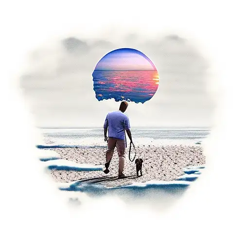 Human With Dog At The Beach Walking Sunset