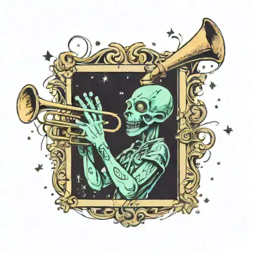 A Jazz-themed Tattoo Featuring An Alien Playing A Trumpet Under A Starry Sky