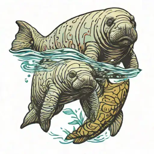 Manatee Mother And Baby Swimming Together