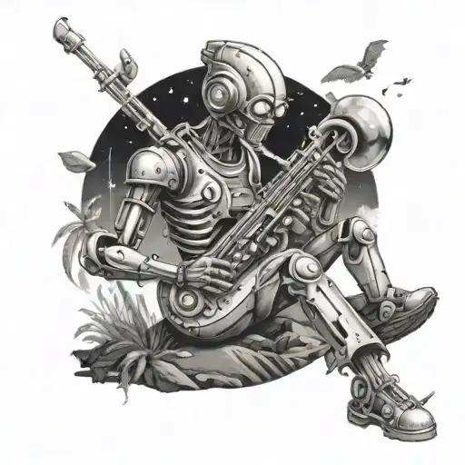 Create A Black-grey Tattoo Of A Robot Playing A Saxophone On An Alien Planet Landscape