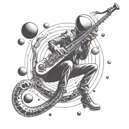 A Futuristic Alien Saxophonist Floating In Zero Gravity With Planets As Musical Notes