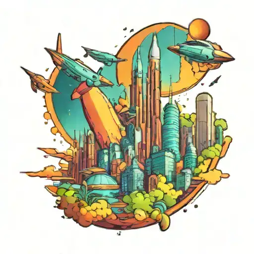 A Futuristic Cityscape On A Distant Planet With Rockets Taking Off In The Background