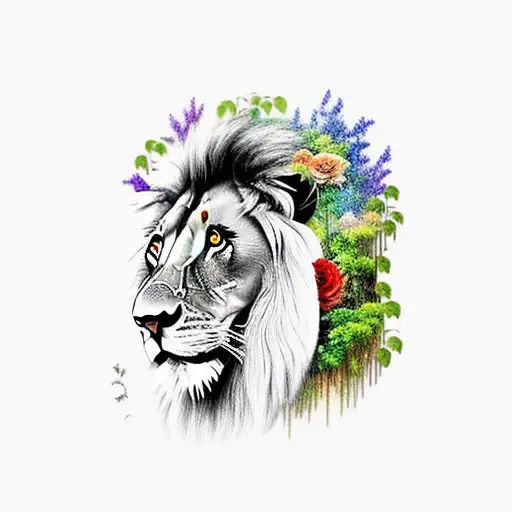 A Lion Walking Through A Lush Forest Filled With Vines And Flowers