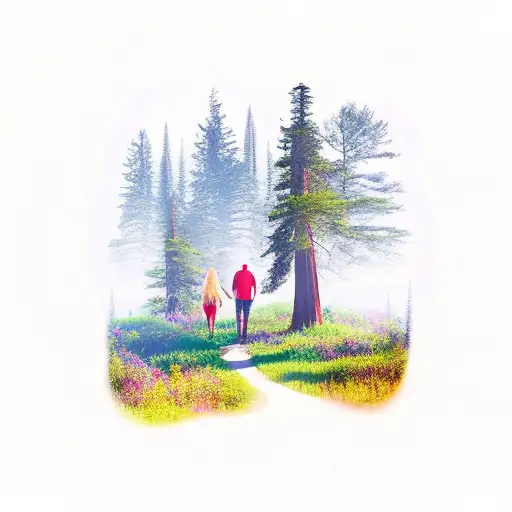 Redwood Forest Path And Couple With A Dog For Sleeve