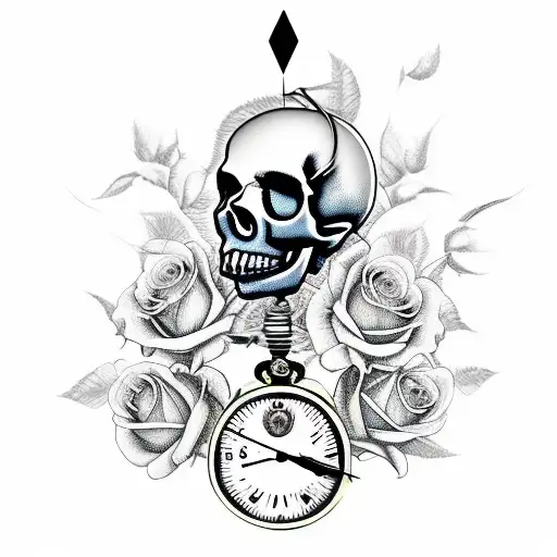 A Surreal Scene Of A Skull Riding A Clock With Roses Blooming Around Them
