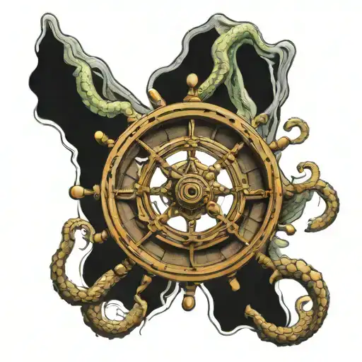Ship Wheel Wrapped By Kraken Tentacles Emerging