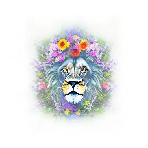 A Lion Walking Through A Lush Forest Filled With Vines And Flowers