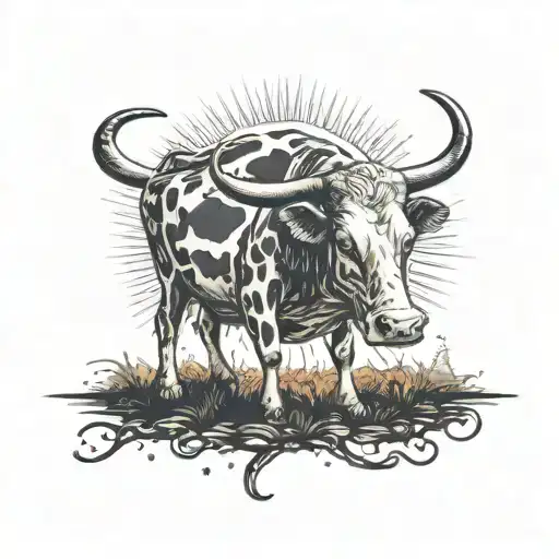 A Cow Peacefully Grazing Under A Mysterious Ufo Beam In A Dotwork Style