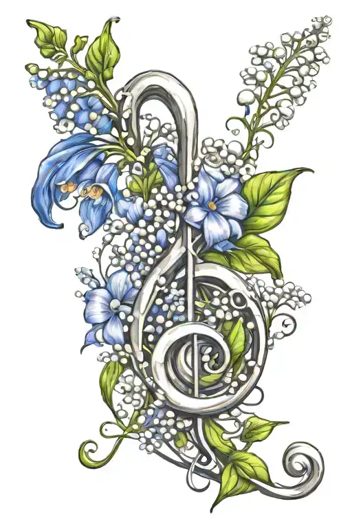 Treble Clef Intertwined With Lily Of The Valley Flower And Larkspur Flowers