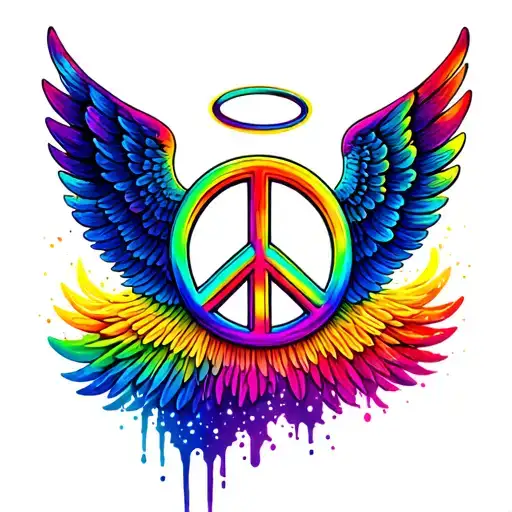A A Peace Sign With Halo And Wings Filled In With Rainbow Colors