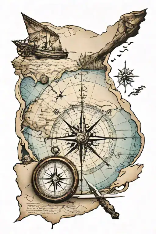 Beach Scene With Silhouette Tattered Map And Compass