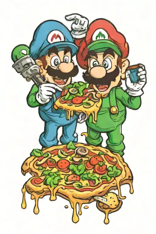 Mario And Luigi Eating Shrooms On Pizza