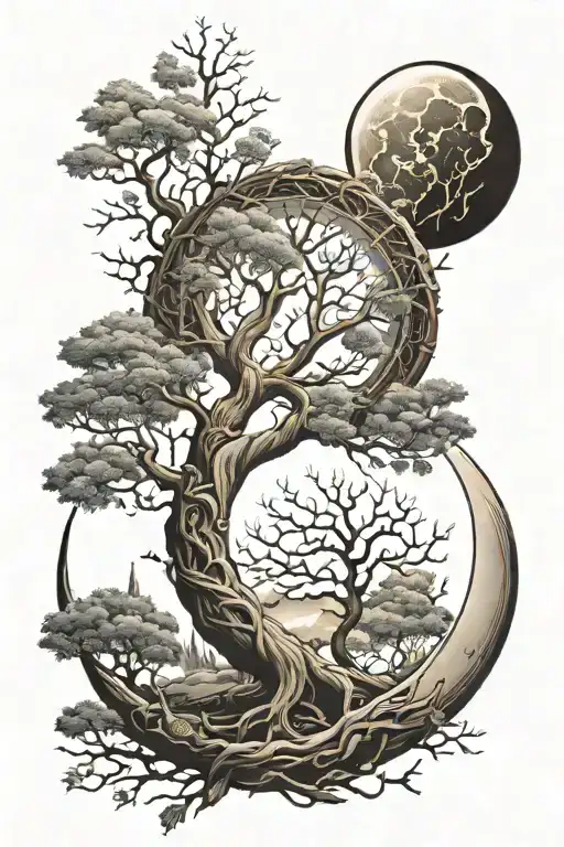 Tree Of Life And Moon Intertwined