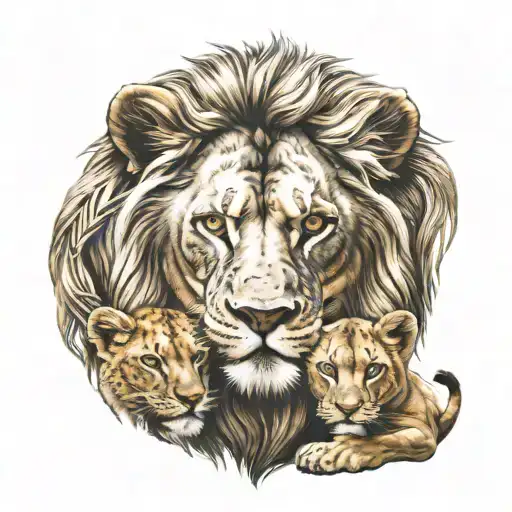 Lion And Lioness Protecting 3 Cubs Face Only