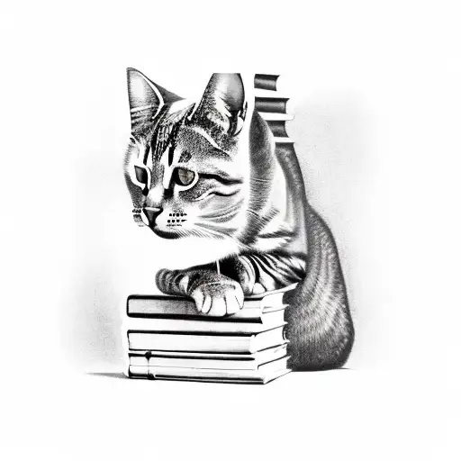 A Realistic Tattoo Of A Cat Lounging On A Bookcase Filled With Tropical Plants And Books