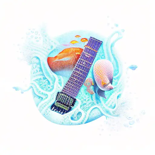 A Guitar With Underwater Sea Creatures Swimming Around It