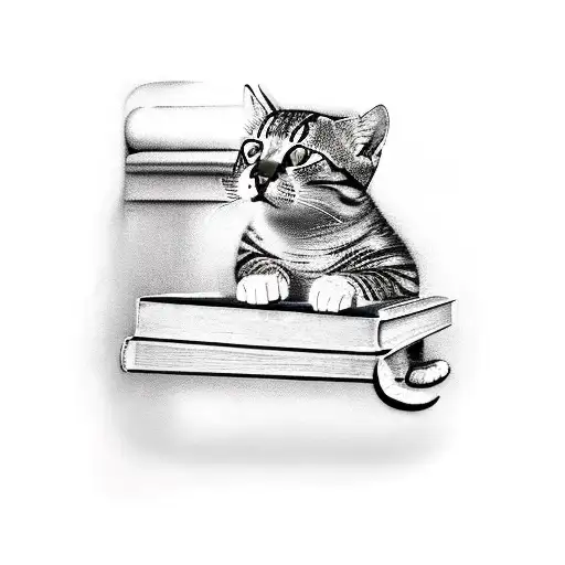 A Realistic Tattoo Of A Cat Lounging On A Bookcase Filled With Tropical Plants And Books