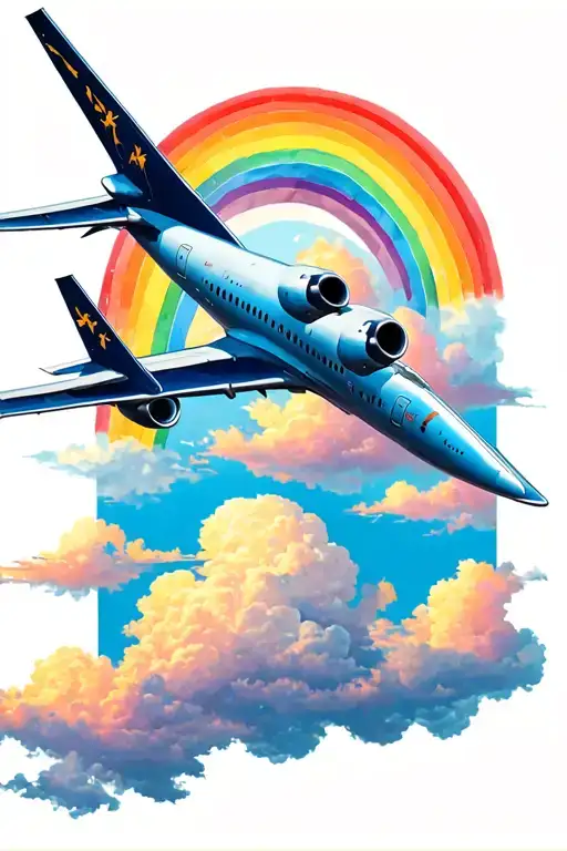 Airplane Flying Near Rainbow And Clouds