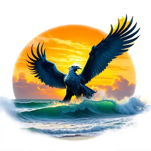 Mythical Griffin Landing Over The Breaking Tide During Sunset On The Beach