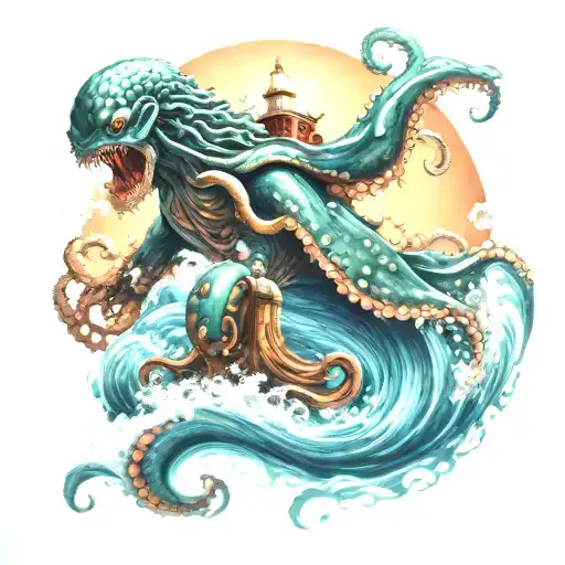 An Astronuat Floating In Ocean With Kraken Reaching
