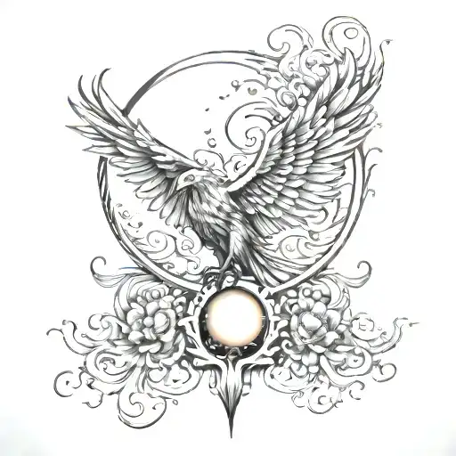 Crescent Moon And Rising Sun With Phoenix Rising From The Ashes