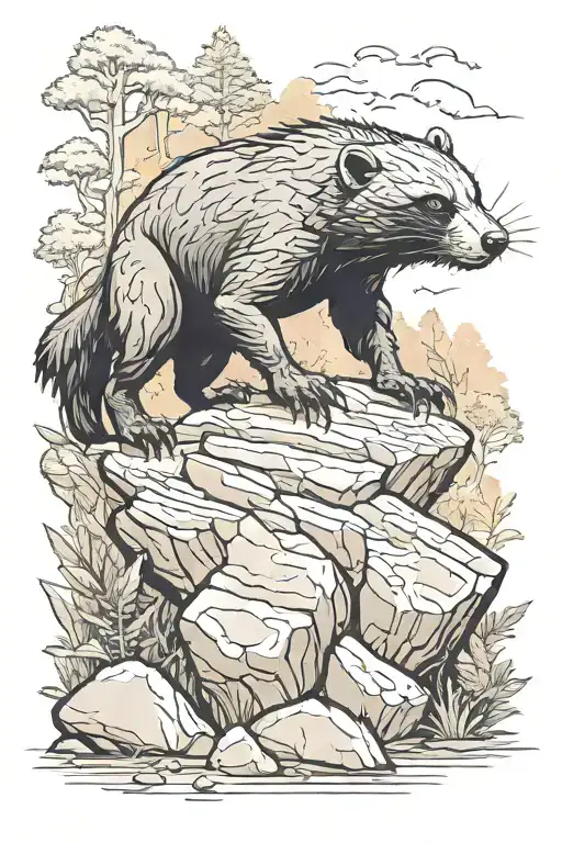 Honey Badger On A Rock In An Attacking Pose Against The Backdrop Of A Fairytale Forest