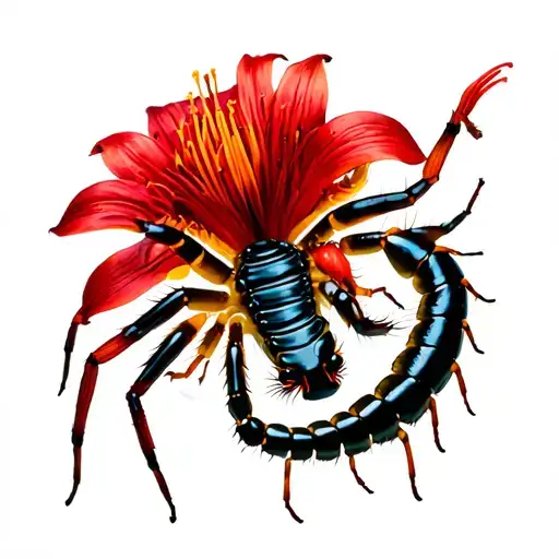 Centipede Wrapped Around A Red Spider Lily Flower