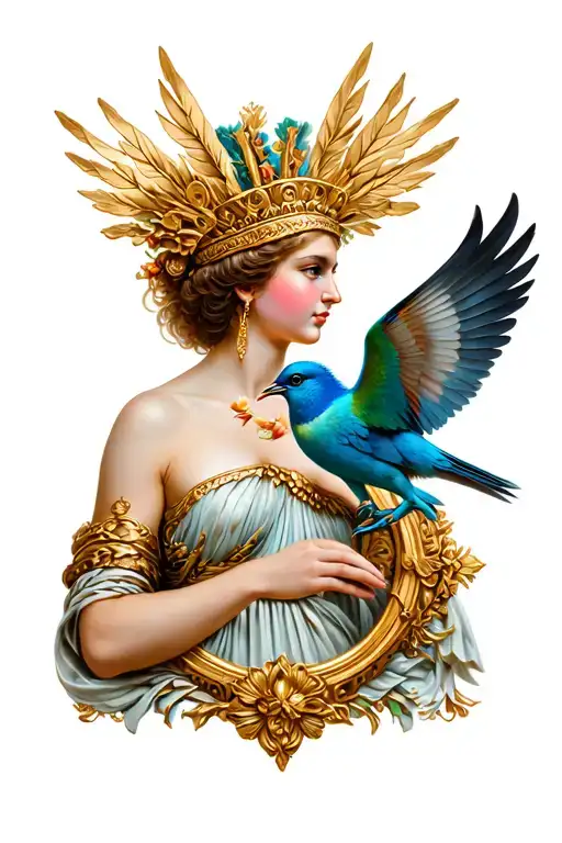 Vintage Frame With Greek Queen Sending Bird Away