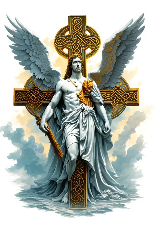 Archangel Michael With Wings Standing In Front Of Celtic Cross