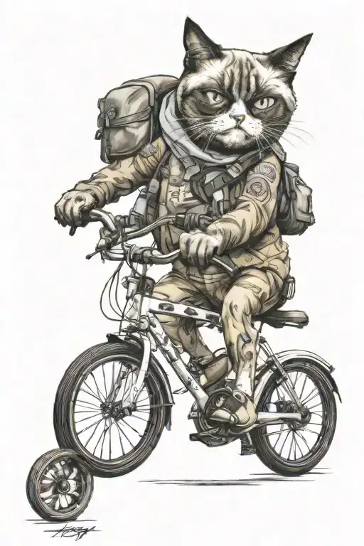 A Grumpy Cat Riding A Bicycle Carrying A Backpack